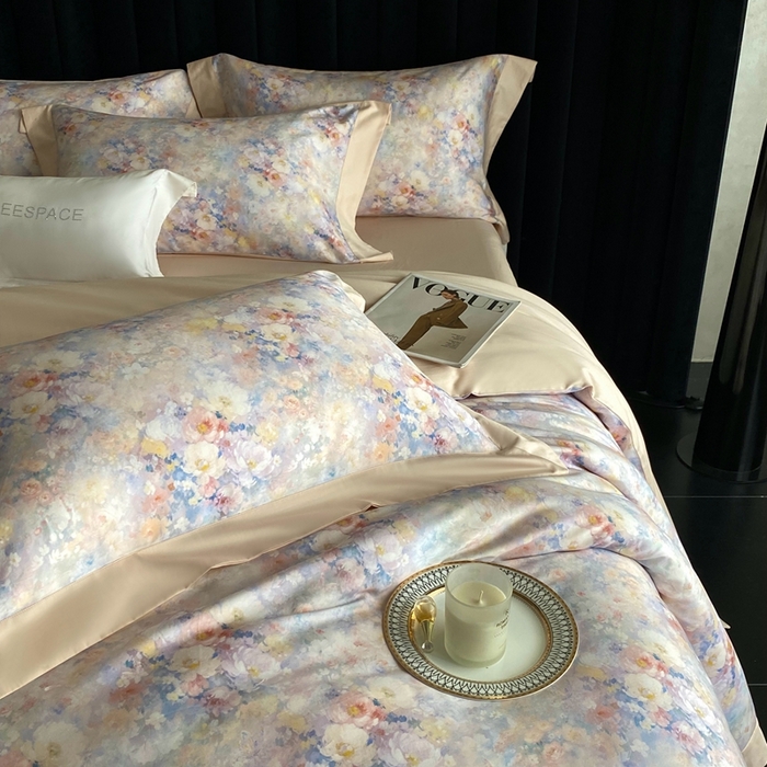 91家纺网 家纺一手货源 找家纺 南泉坊 2025新款长绒棉纯棉丝光工艺数码印花四件套 左左希 杏色