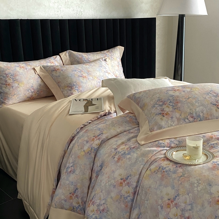 91家纺网 家纺一手货源 找家纺 南泉坊 2025新款长绒棉纯棉丝光工艺数码印花四件套 左左希 杏色