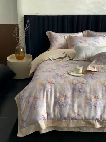 91家纺网 家纺一手货源 找家纺 南泉坊 2025新款长绒棉纯棉丝光工艺数码印花四件套 左左希 杏色