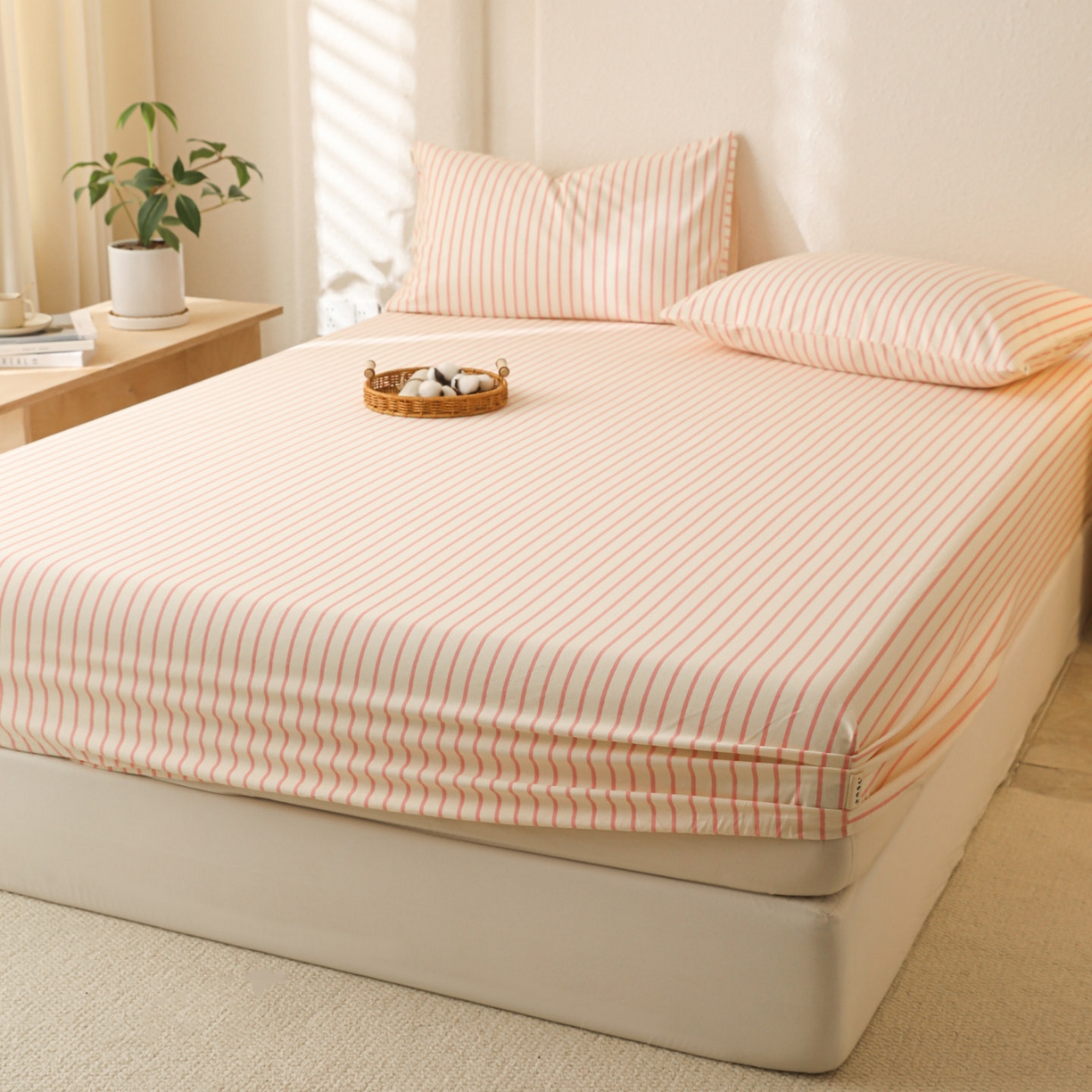 91家纺网 家纺一手货源 找家纺 简宜家居（朝初家纺） 2025新款纯棉全棉磨毛单床笠系列 线素-粉