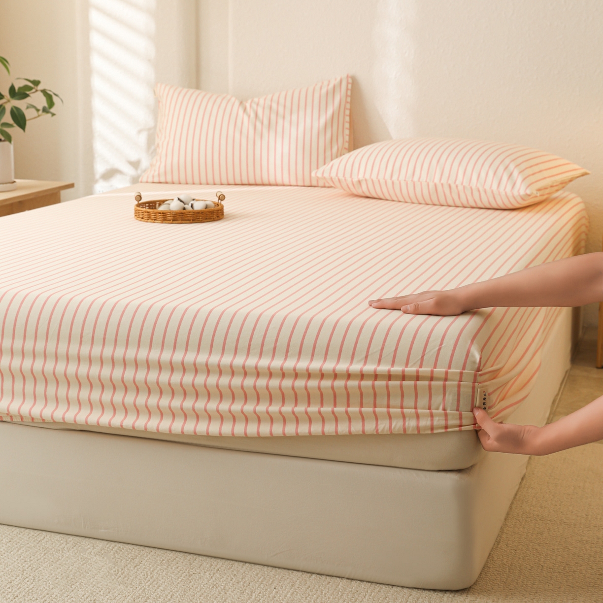 91家纺网 家纺一手货源 找家纺 简宜家居（朝初家纺） 2025新款纯棉全棉磨毛单床笠系列 线素-粉