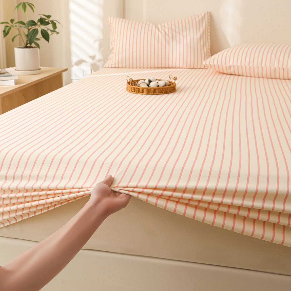 91家纺网 家纺一手货源 找家纺 简宜家居（朝初家纺） 2025新款纯棉全棉磨毛单床笠系列 线素-粉