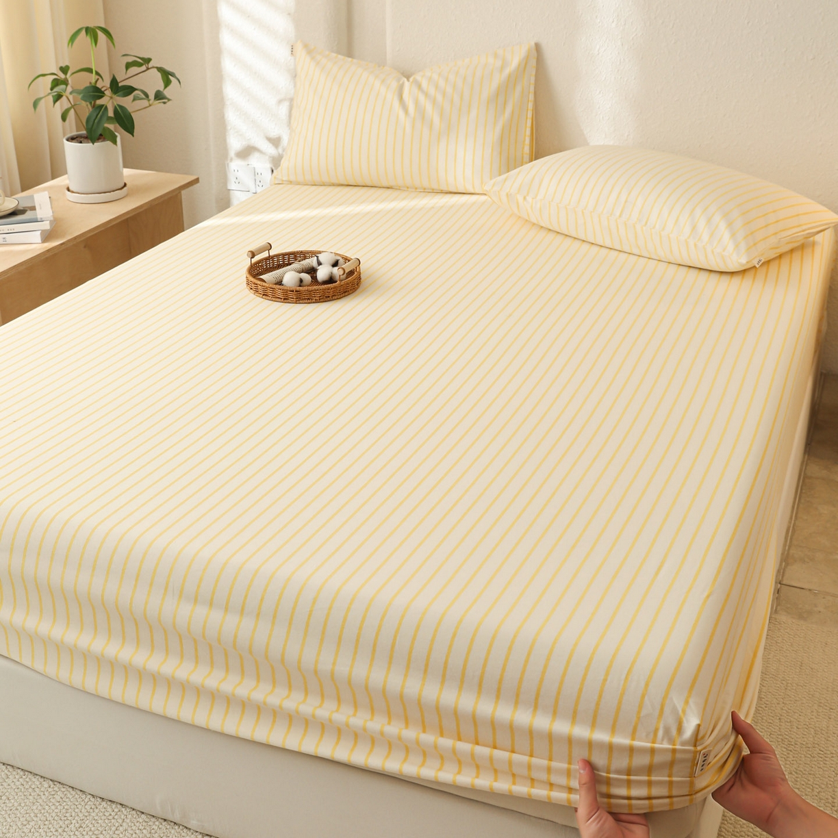 91家纺网 家纺一手货源 找家纺 简宜家居（朝初家纺） 2025新款纯棉全棉磨毛单床笠系列 线素-黄