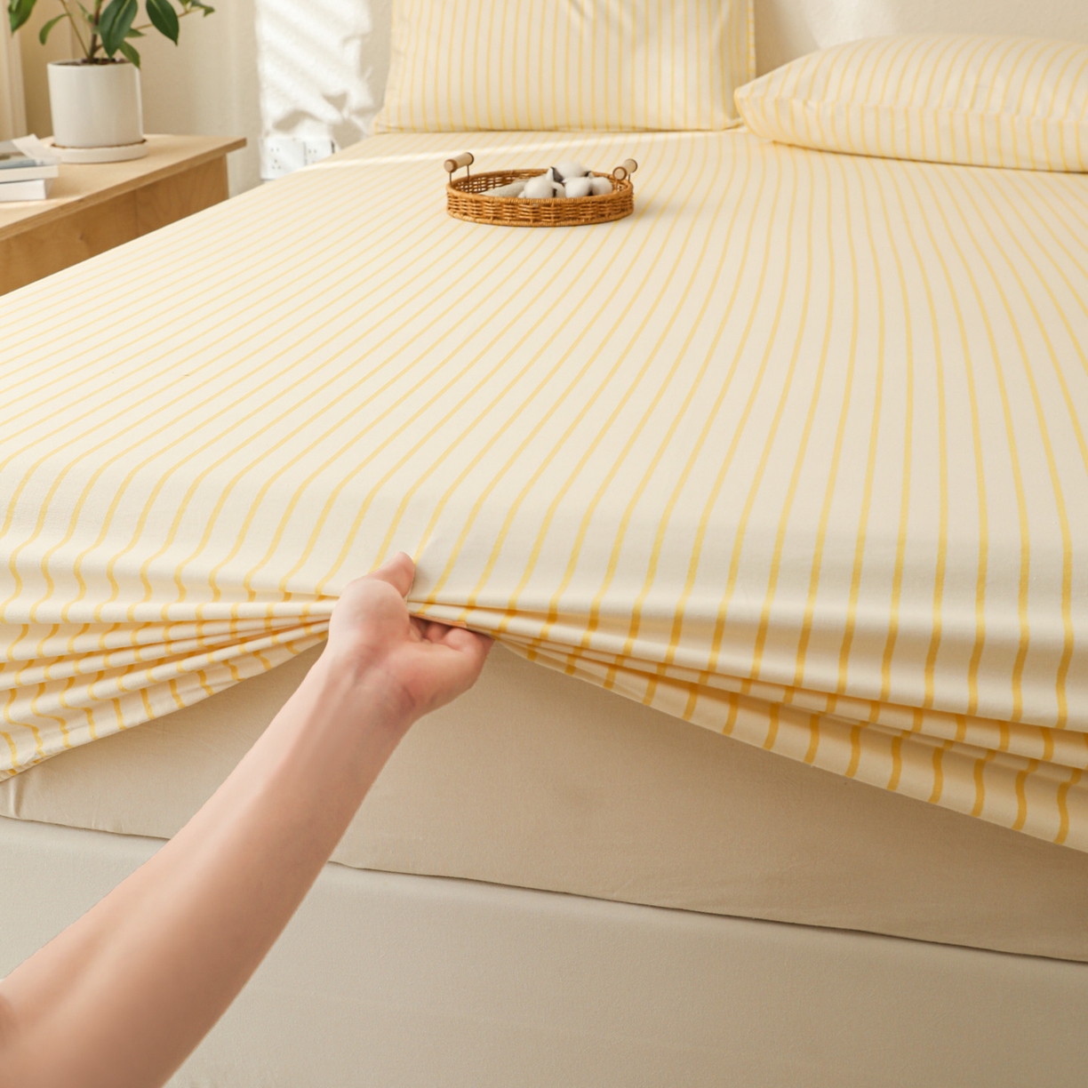 91家纺网 家纺一手货源 找家纺 简宜家居（朝初家纺） 2025新款纯棉全棉磨毛单床笠系列 线素-黄