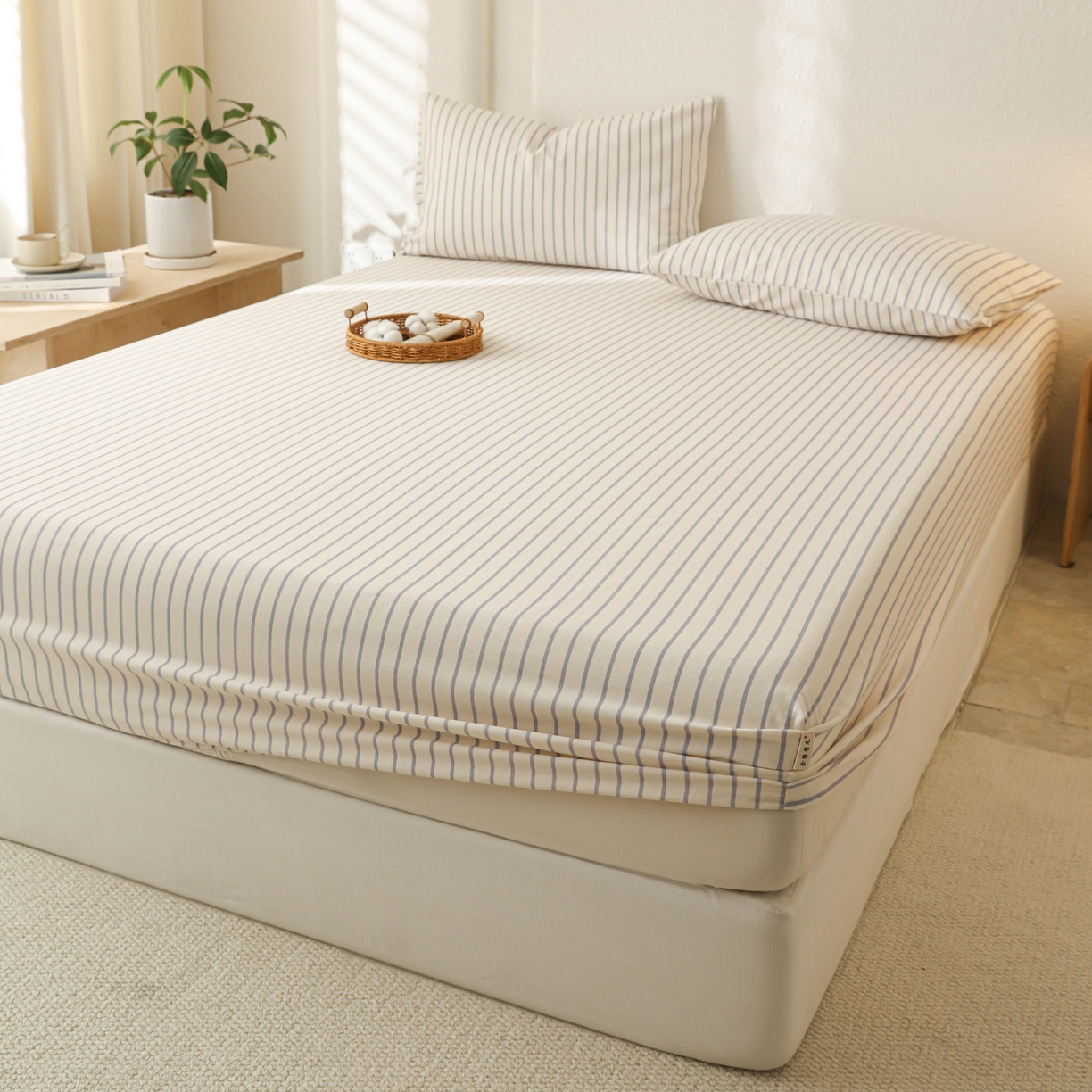 91家纺网 家纺一手货源 找家纺 简宜家居（朝初家纺） 2025新款纯棉全棉磨毛单床笠系列 线素-蓝