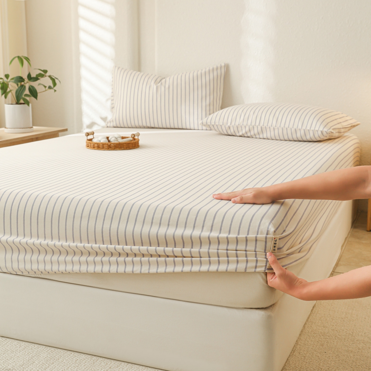 91家纺网 家纺一手货源 找家纺 简宜家居（朝初家纺） 2025新款纯棉全棉磨毛单床笠系列 线素-蓝