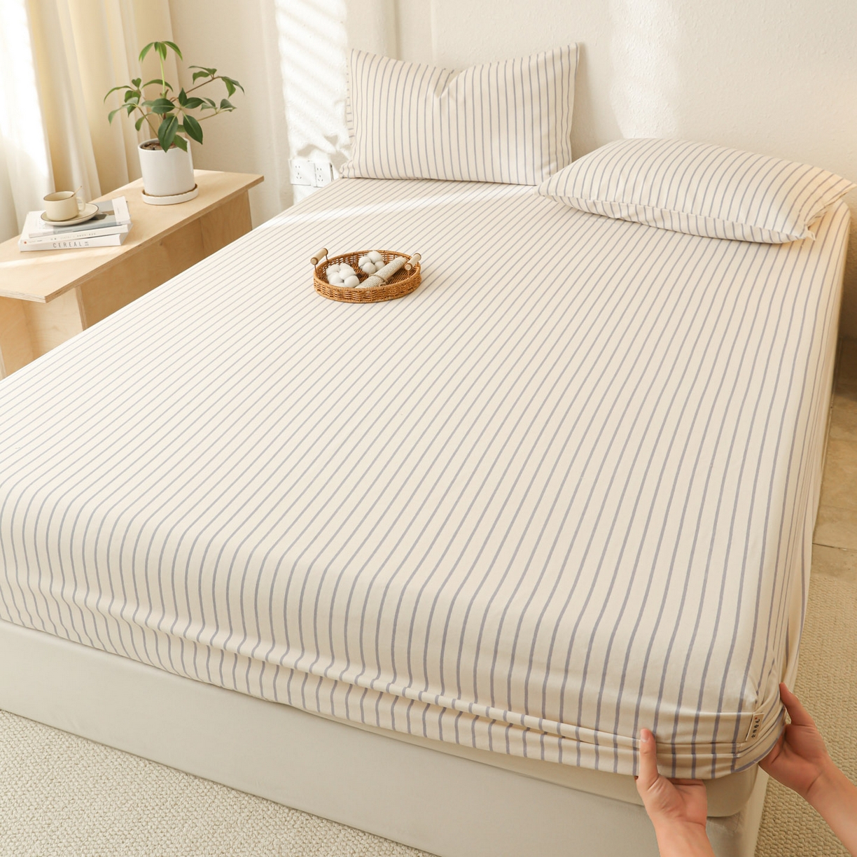 91家纺网 家纺一手货源 找家纺 简宜家居（朝初家纺） 2025新款纯棉全棉磨毛单床笠系列 线素-蓝