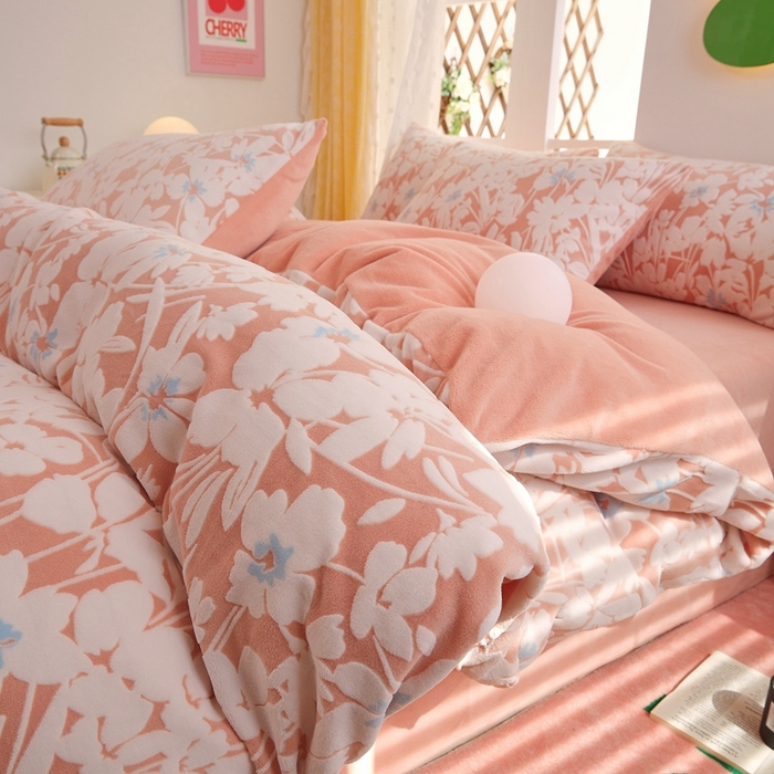 菡宝 【第一批】2025雕花绒牛奶绒四件套-邦尼兔-支持定做定制尺寸 笙如夏花粉