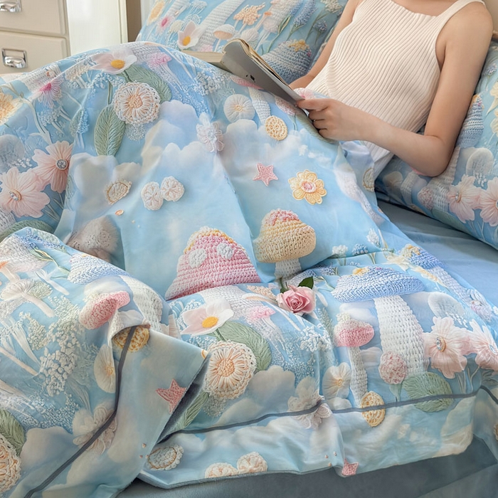 91家纺网 家纺一手货源 找家纺 7V 2025新款纯棉加绒四件套 马卡龙-蓝