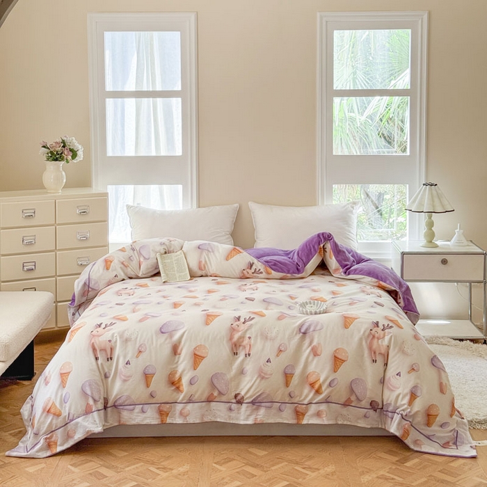 91家纺网 家纺一手货源 找家纺 7V 2025新款纯棉加绒四件套 甜筒小鹿