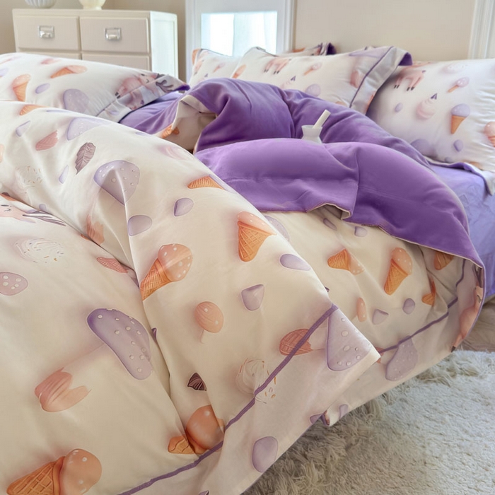 91家纺网 家纺一手货源 找家纺 7V 2025新款纯棉加绒四件套 甜筒小鹿