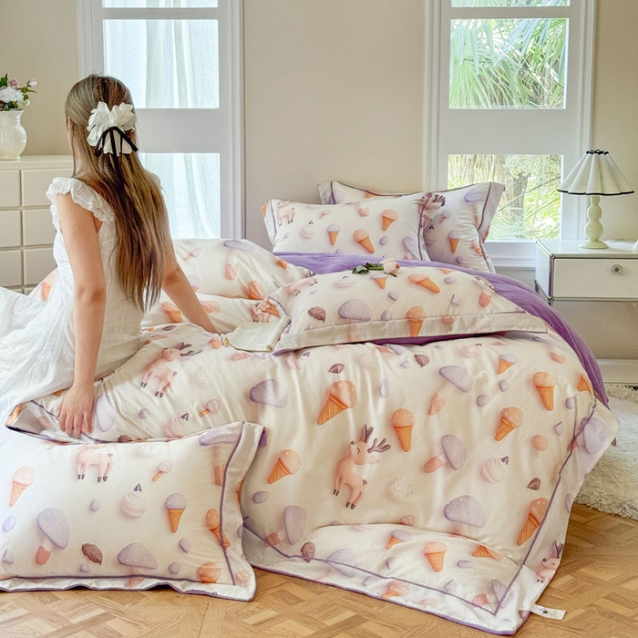 91家纺网 家纺一手货源 找家纺 7V 2025新款纯棉加绒四件套 甜筒小鹿