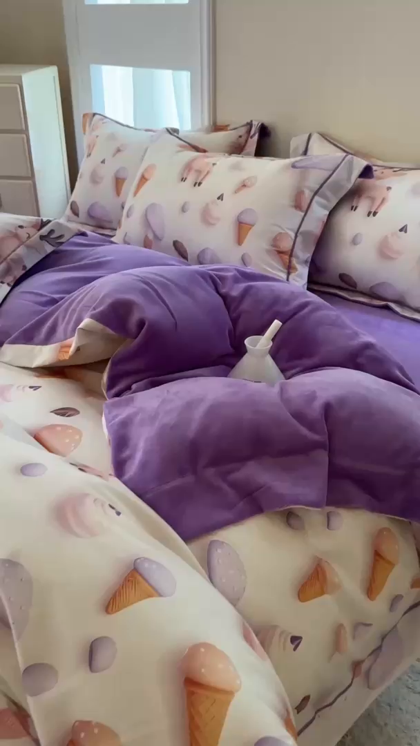 91家纺网 家纺一手货源 找家纺 7V 2025新款纯棉加绒四件套 甜筒小鹿