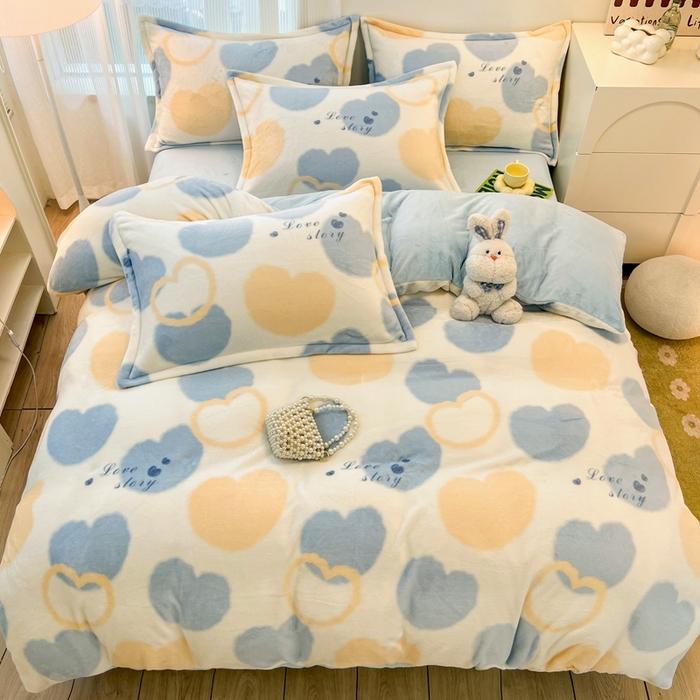 91家纺网 家纺一手货源 找家纺 川悦生活 【提供买家秀】2025新款高克重牛奶绒四件套-系列二 浪漫国度-蓝