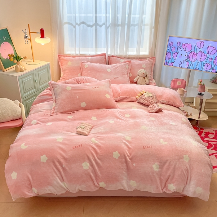 91家纺网 家纺一手货源 找家纺 川悦生活 2025新款高克重牛奶绒四件套-系列二 暖星星-粉