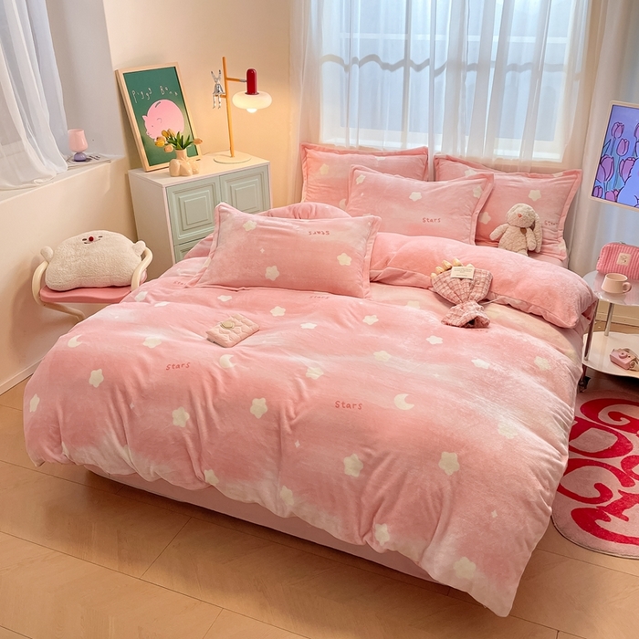 91家纺网 家纺一手货源 找家纺 川悦生活 2025新款高克重牛奶绒四件套-系列二 暖星星-粉