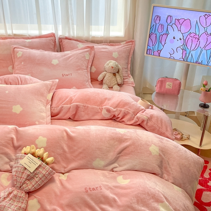 91家纺网 家纺一手货源 找家纺 川悦生活 2025新款高克重牛奶绒四件套-系列二 暖星星-粉