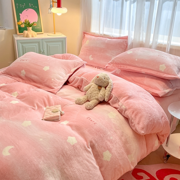 91家纺网 家纺一手货源 找家纺 川悦生活 2025新款高克重牛奶绒四件套-系列二 暖星星-粉