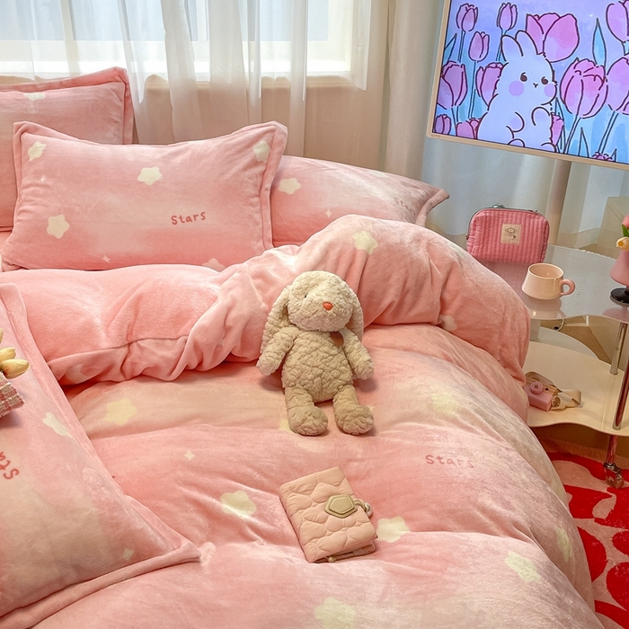 91家纺网 家纺一手货源 找家纺 川悦生活 2025新款高克重牛奶绒四件套-系列二 暖星星-粉