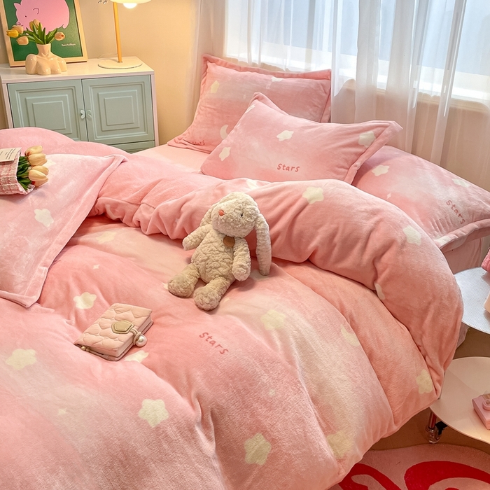 91家纺网 家纺一手货源 找家纺 川悦生活 2025新款高克重牛奶绒四件套-系列二 暖星星-粉
