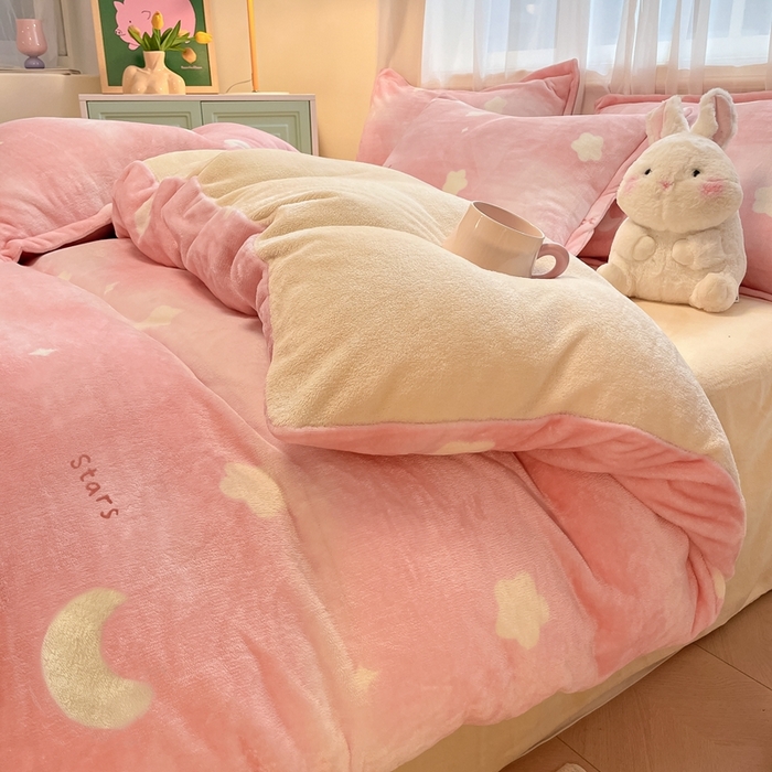 川悦生活 2025新款高克重牛奶绒四件套-系列二 暖星星-奶黄