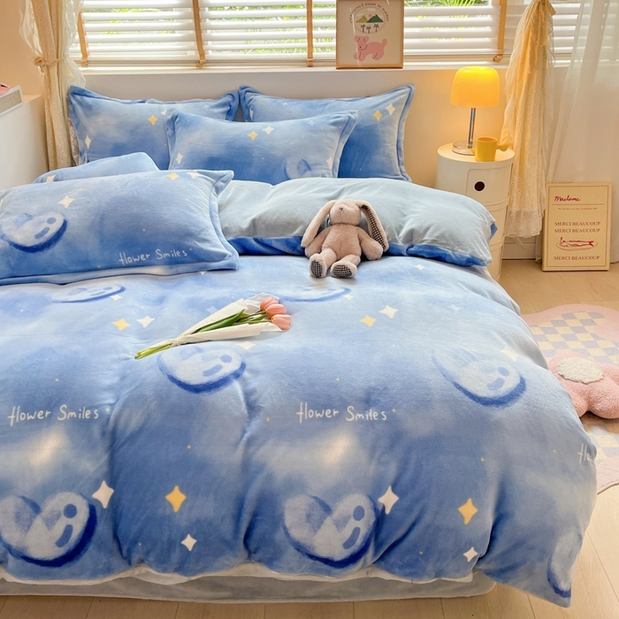 91家纺网 家纺一手货源 找家纺 川悦生活 2025新款高克重牛奶绒四件套-系列二 微笑爱心