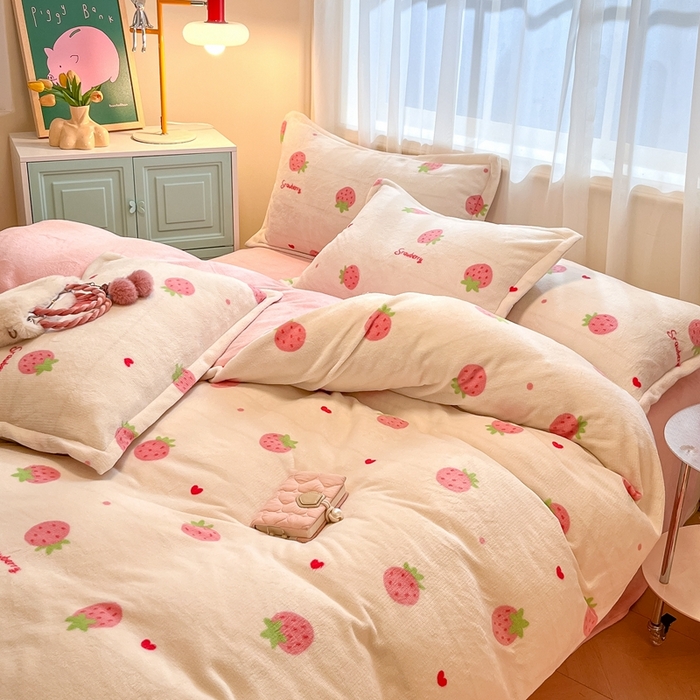 91家纺网 家纺一手货源 找家纺 川悦生活 2025新款高克重牛奶绒四件套-系列二 香甜草莓