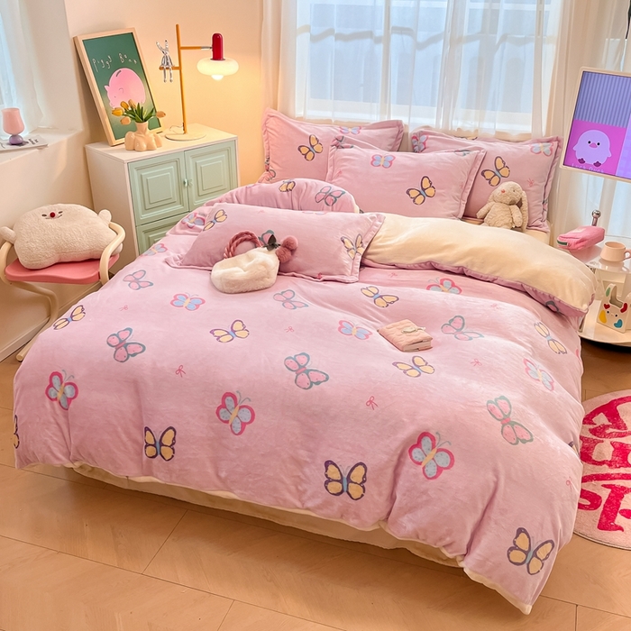 91家纺网 家纺一手货源 找家纺 川悦生活 2025新款高克重牛奶绒四件套-系列二 小芙蝶意-奶黄