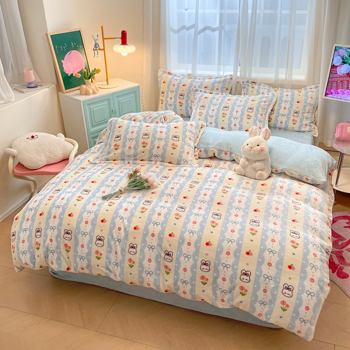 91家纺网 家纺一手货源 找家纺 川悦生活 2025新款高克重牛奶绒四件套-系列二 心心蜜兔