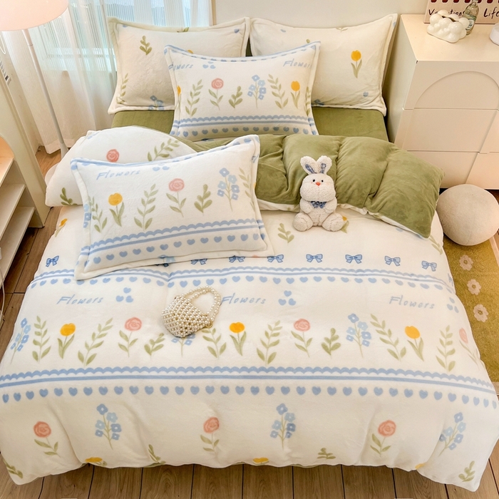 91家纺网 家纺一手货源 找家纺 川悦生活 2025新款高克重牛奶绒四件套-系列二 幸福花田-绿