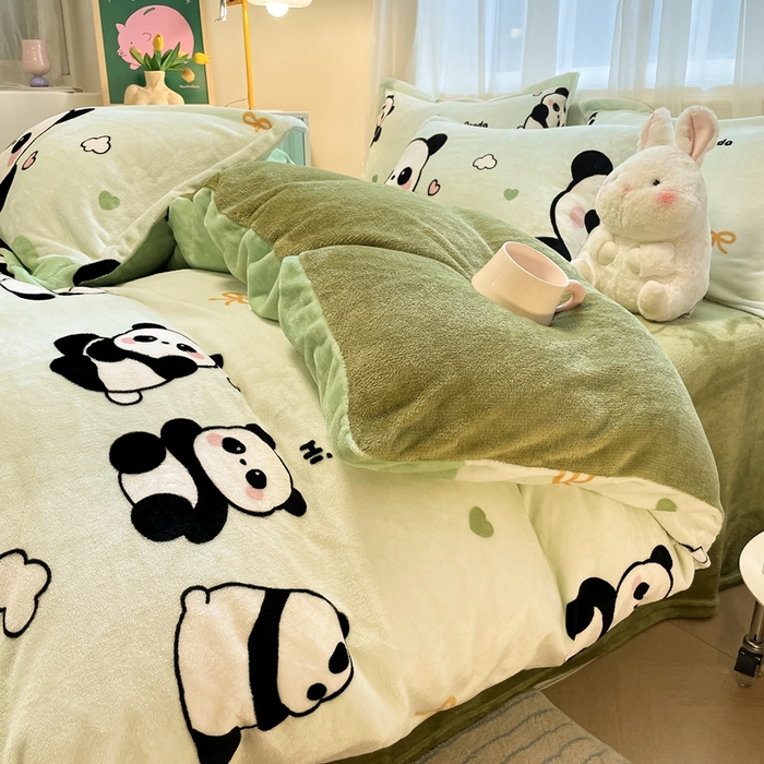 川悦生活 2025新款高克重牛奶绒四件套-系列二 熊猫乐园