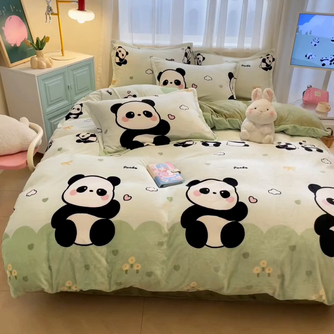 91家纺网 家纺一手货源 找家纺 川悦生活 2025新款高克重牛奶绒四件套-系列二 熊猫乐园