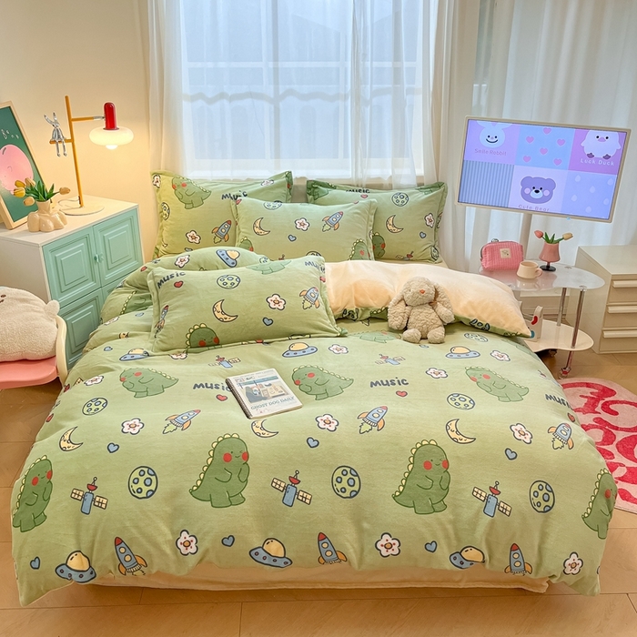 91家纺网 家纺一手货源 找家纺 川悦生活 2025新款高克重牛奶绒四件套-系列二 音乐恐龙