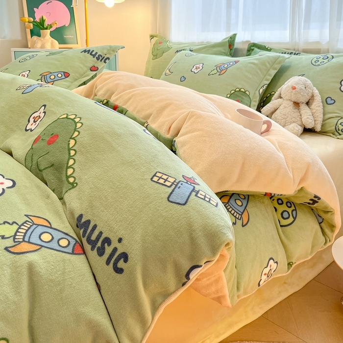 91家纺网 家纺一手货源 找家纺 川悦生活 2025新款高克重牛奶绒四件套-系列二 音乐恐龙