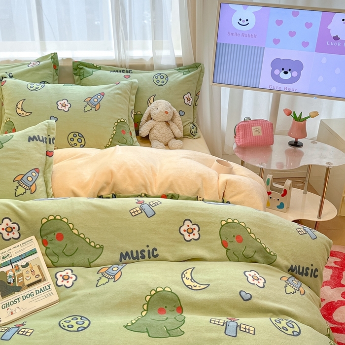 91家纺网 家纺一手货源 找家纺 川悦生活 2025新款高克重牛奶绒四件套-系列二 音乐恐龙