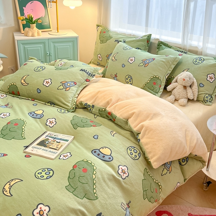 91家纺网 家纺一手货源 找家纺 川悦生活 2025新款高克重牛奶绒四件套-系列二 音乐恐龙