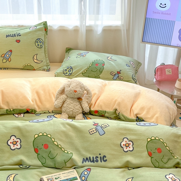 91家纺网 家纺一手货源 找家纺 川悦生活 2025新款高克重牛奶绒四件套-系列二 音乐恐龙