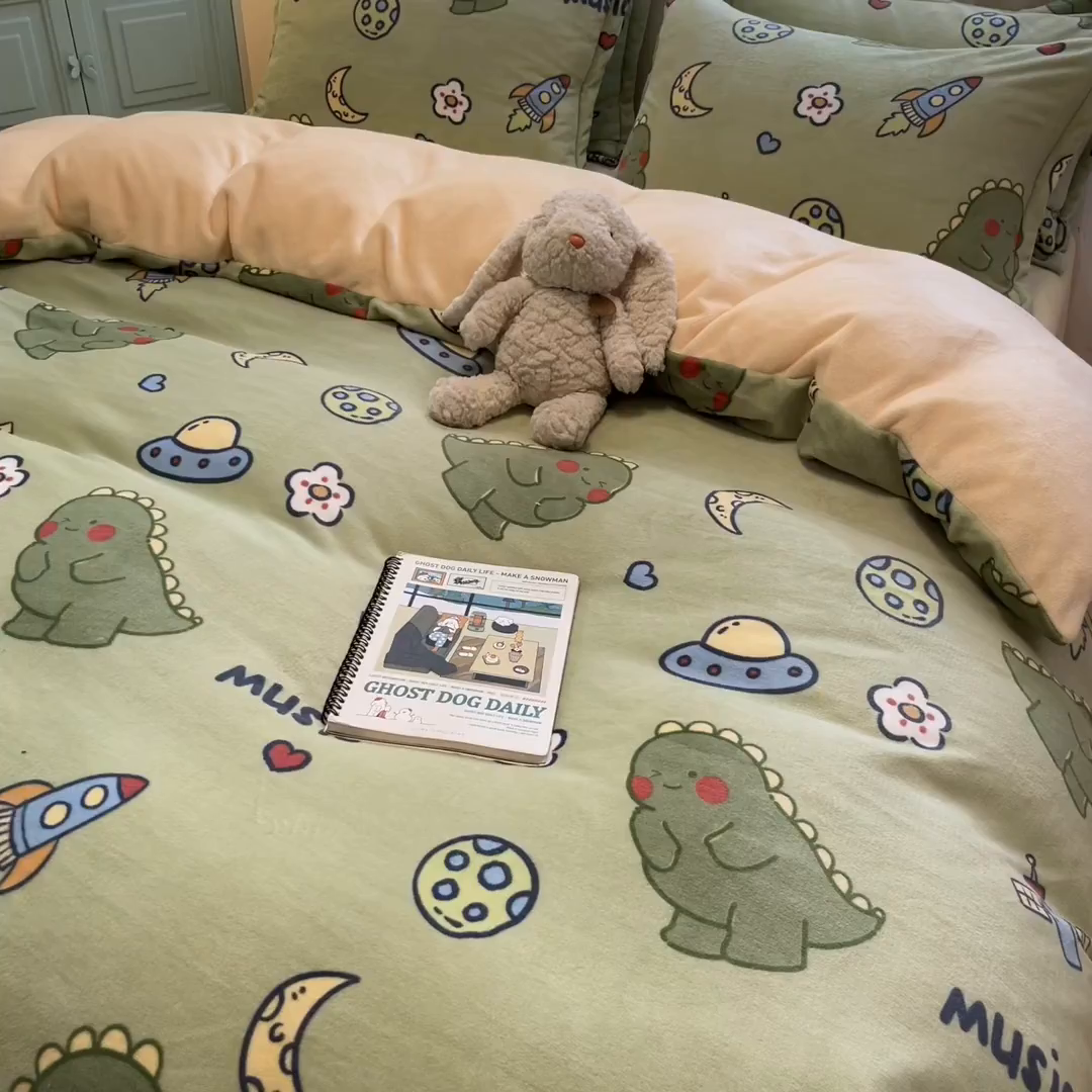 91家纺网 家纺一手货源 找家纺 川悦生活 2025新款高克重牛奶绒四件套-系列二 音乐恐龙