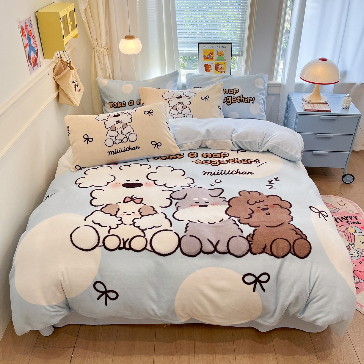 金爱家 2025新品A类正版授权miiiiichan咪酱大版卡通数码印花加厚牛奶绒系列四件套 绒大版-咪酱点点泡芙狗