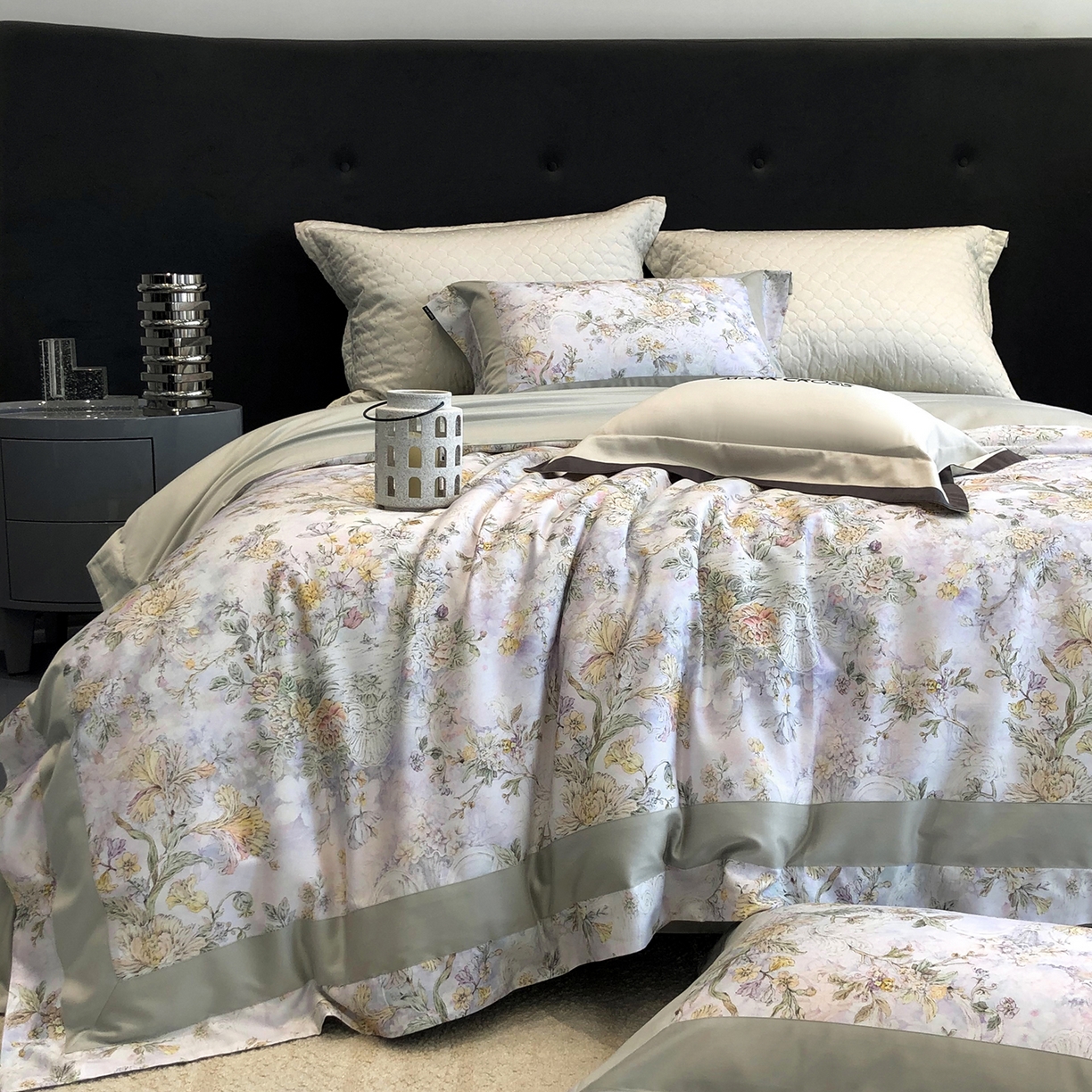 91家纺网 家纺一手货源 找家纺 佳汐蓝家纺 2025新款法式浪漫花卉超细旦天丝棉磨毛系列四件套-热淇淋 黛莉尔庄园-青豆绿