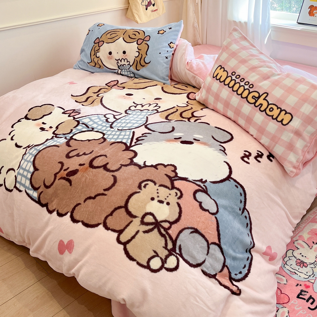 91家纺网 家纺一手货源 找家纺 金爱家 2025新品A类正版授权miiiiichan咪酱大版卡通数码印花加厚牛奶绒系列四件套 绒大版-咪酱晚安女孩