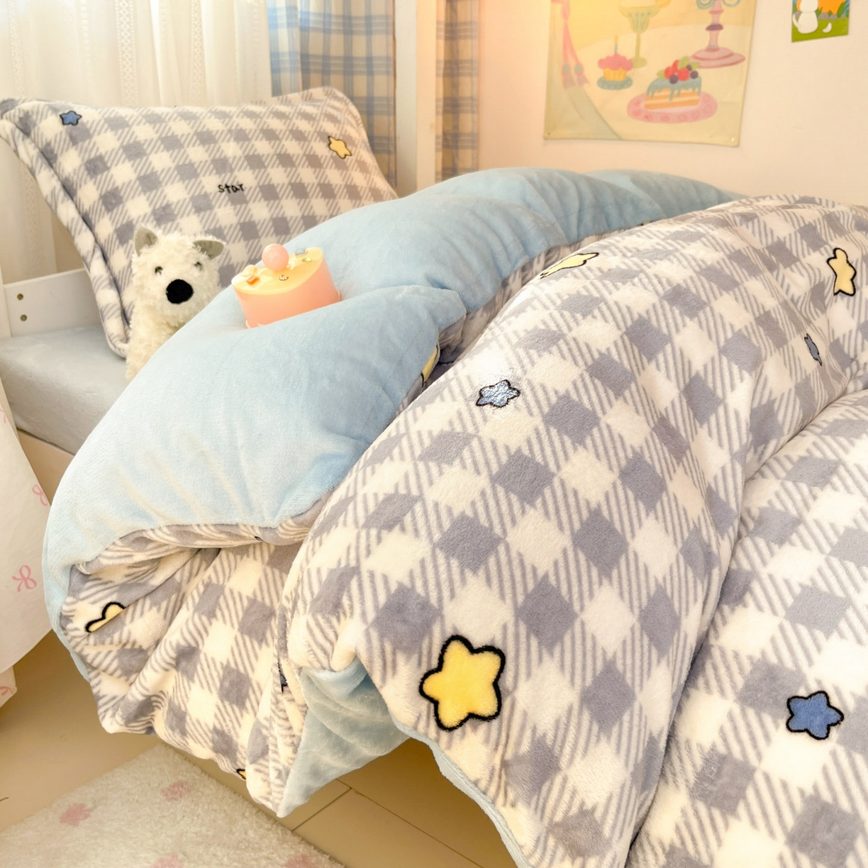 川悦生活 2025新款加厚保暖高克重牛奶绒宿舍三件套 简空星号