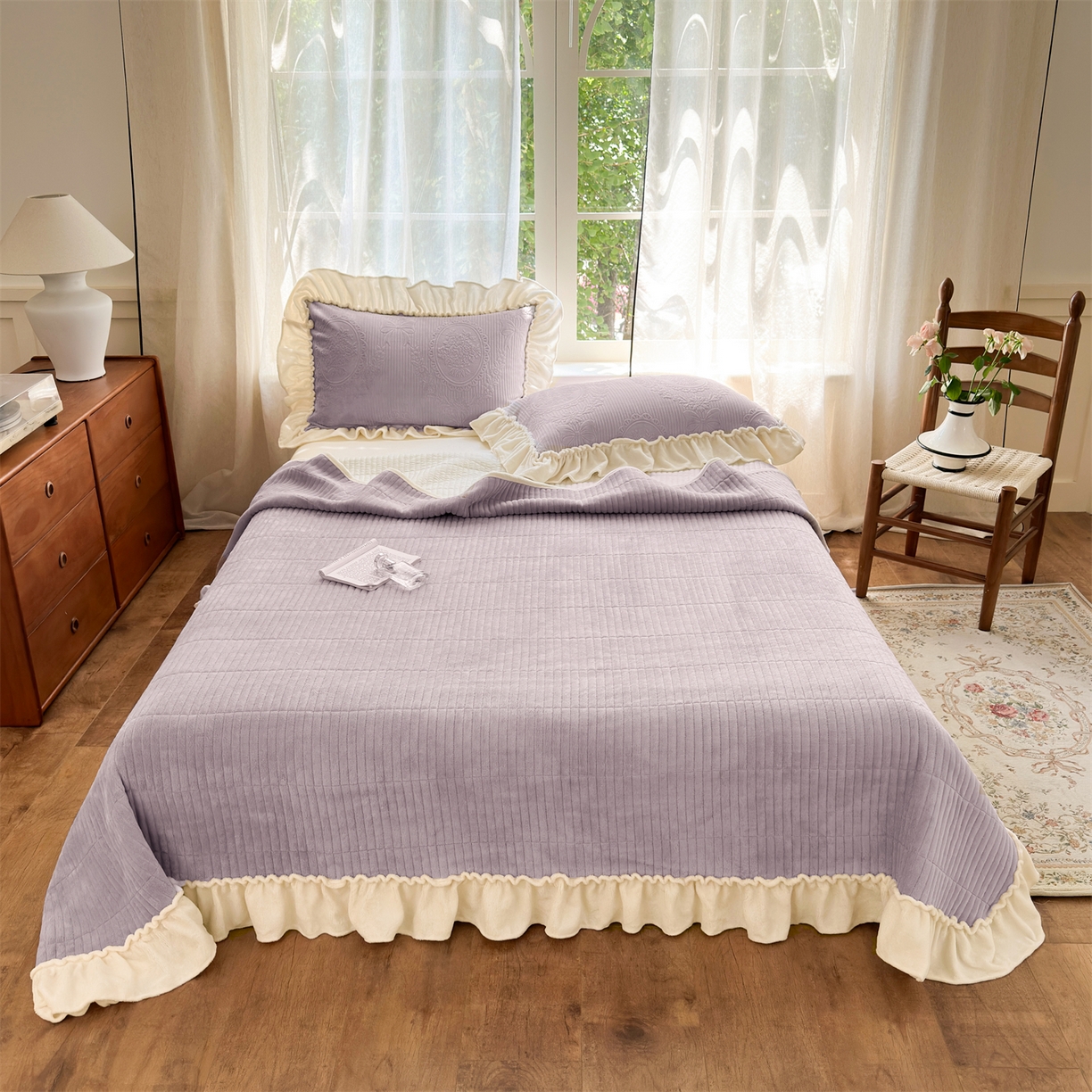 91家纺网 家纺一手货源 找家纺 乐野家居 2025年新款轻法式甜心蝴蝶结高克重提花牛奶绒床盖四件套 甜心蝴蝶结-紫