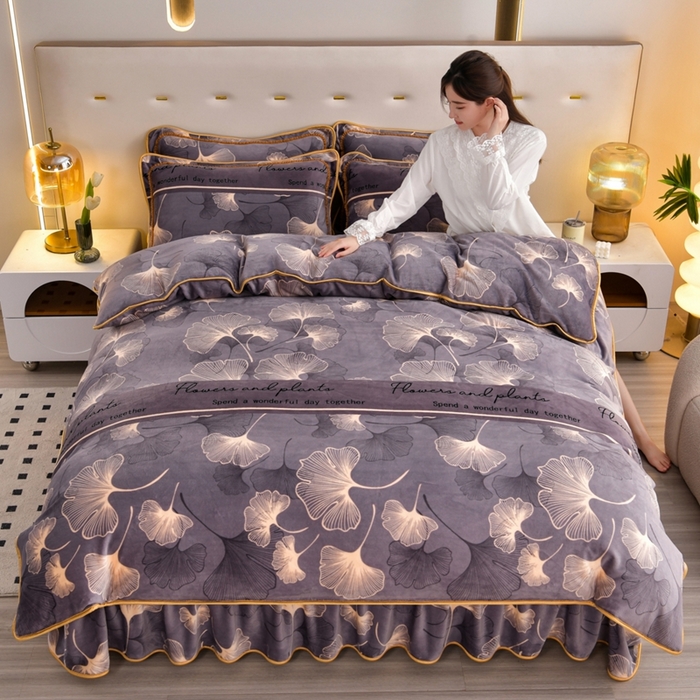 91家纺网 家纺一手货源 找家纺 芯诗曼 2025直播高克重牛奶绒四件套法莱绒金貂貂狐保暖单被套 叶语