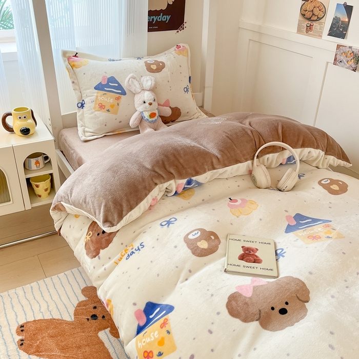 91家纺网 家纺一手货源 找家纺 川悦生活 2025新款加厚保暖高克重牛奶绒宿舍三件套 奶油噗妮-咖