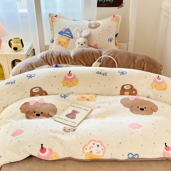 91家纺网 家纺一手货源 找家纺 川悦生活 2025新款加厚保暖高克重牛奶绒宿舍三件套 奶油噗妮-咖