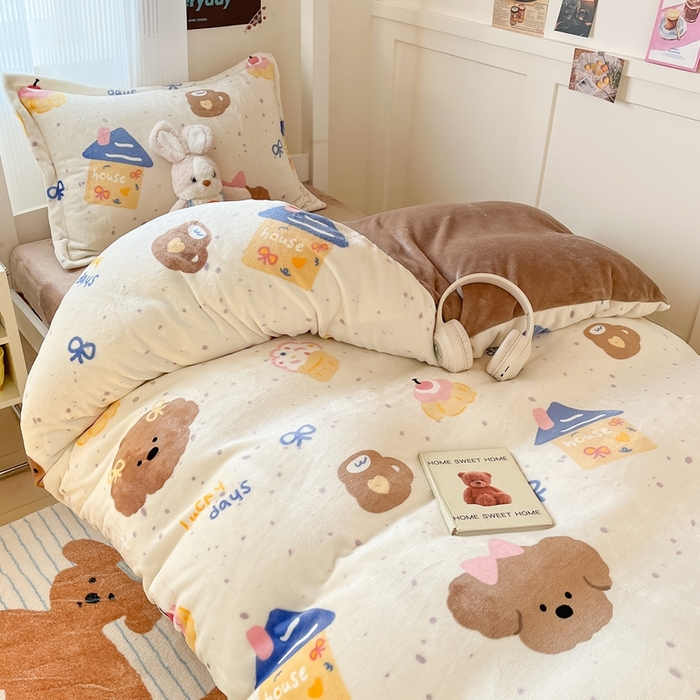 91家纺网 家纺一手货源 找家纺 川悦生活 2025新款加厚保暖高克重牛奶绒宿舍三件套 奶油噗妮-咖