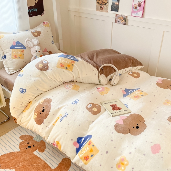 91家纺网 家纺一手货源 找家纺 川悦生活 2025新款加厚保暖高克重牛奶绒宿舍三件套 奶油噗妮-咖