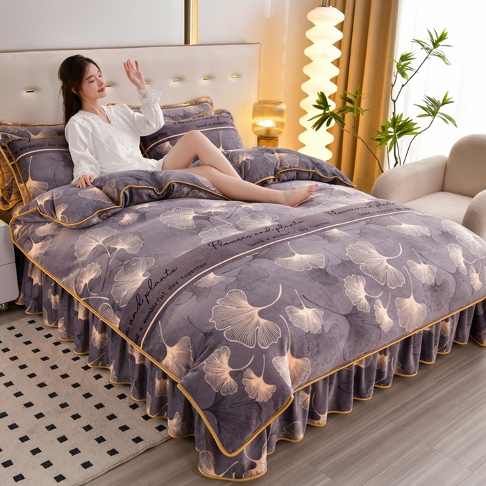 91家纺网 家纺一手货源 找家纺 芯诗曼2025新款8.5斤直播热款高克重牛奶绒法莱绒水晶金貂法莱绒四件套 叶语