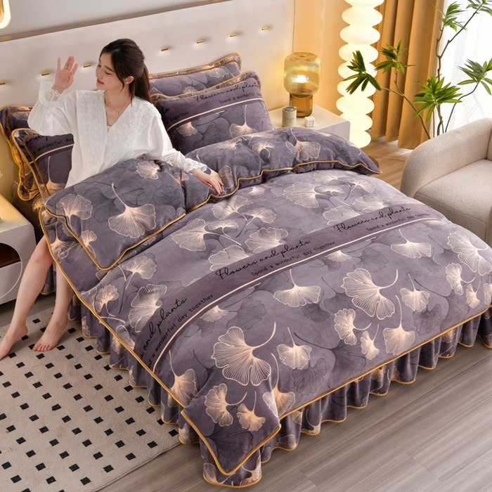 91家纺网 家纺一手货源 找家纺 芯诗曼2025新款8.5斤直播热款高克重牛奶绒法莱绒水晶金貂法莱绒四件套 叶语